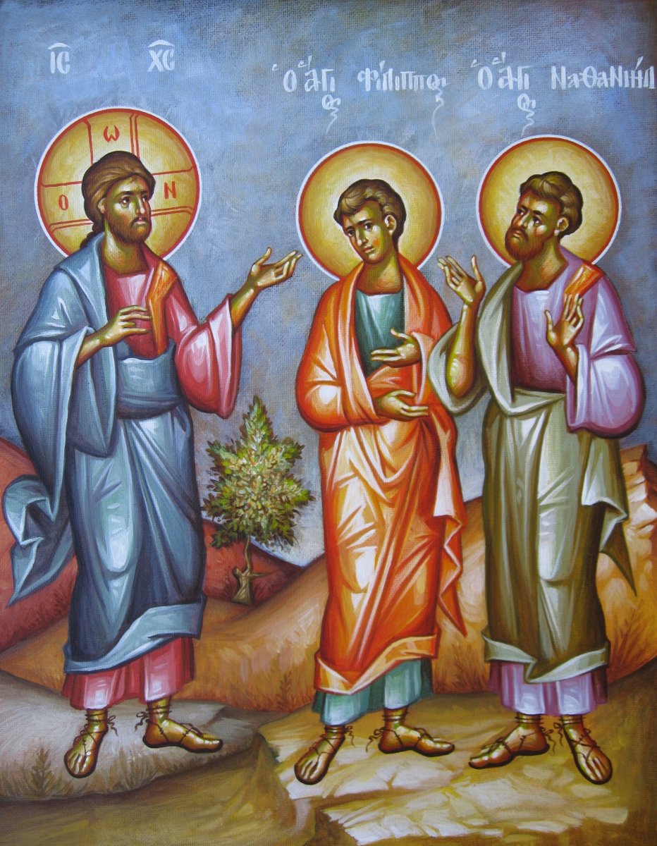 Icon of Christ with the Apostles Philip and Nathanael, hands raised in conversation, with a fig tree between them