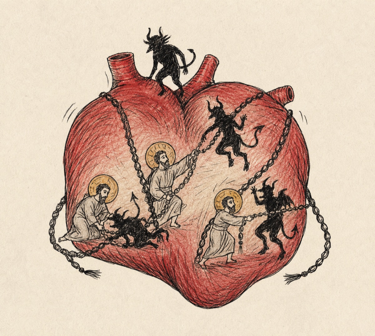 A pen-and-ink drawing of a human heart chained on the outside, with saints inside binding and driving out demons while a horned demon perches on top.