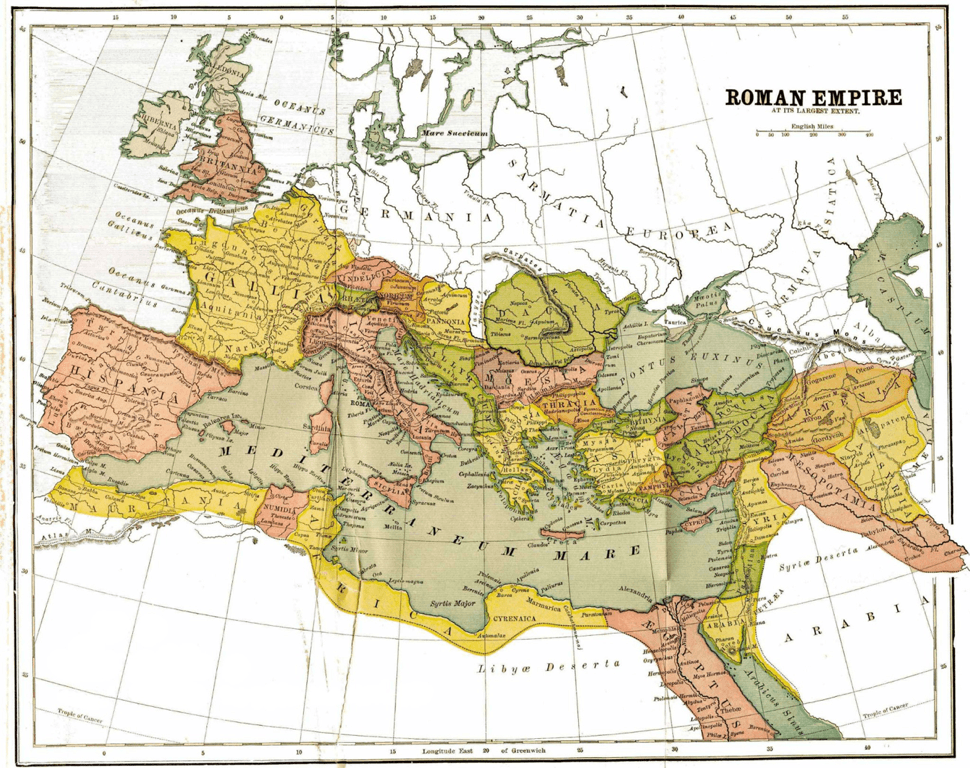 Historical map of the Roman Empire at its largest extent
